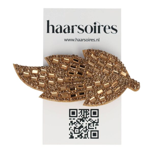 klikklak bladvorm glitter steentjes_6 Haarspeld Klikklak 8cm - Bladvorm - Glitter Steentjes - Bruin Goud