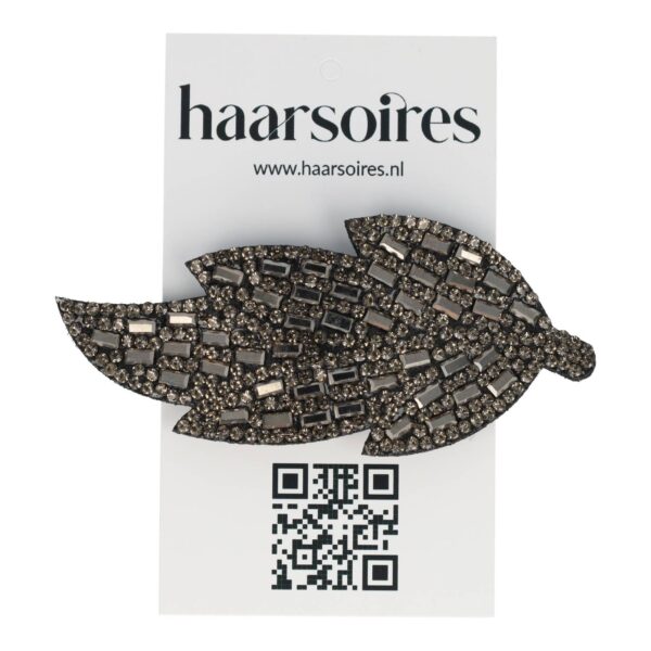 klikklak bladvorm glitter steentjes_7 Haarspeld Klikklak 8cm - Bladvorm - Glitter Steentjes - Zwart Grijs