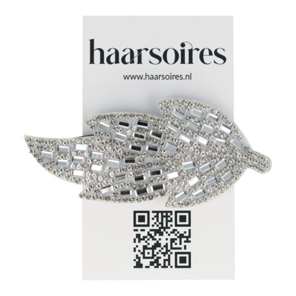 klikklak bladvorm glitter steentjes_8 Haarspeld Klikklak 8cm - Bladvorm - Glitter Steentjes - Zilver
