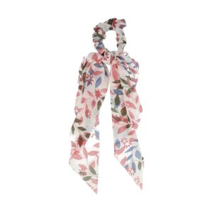 Haarelastiek Scrunchie – Bloemen en Blaadjes Patroon – 25cm Linten – Gladde Stof – Wit Roze
