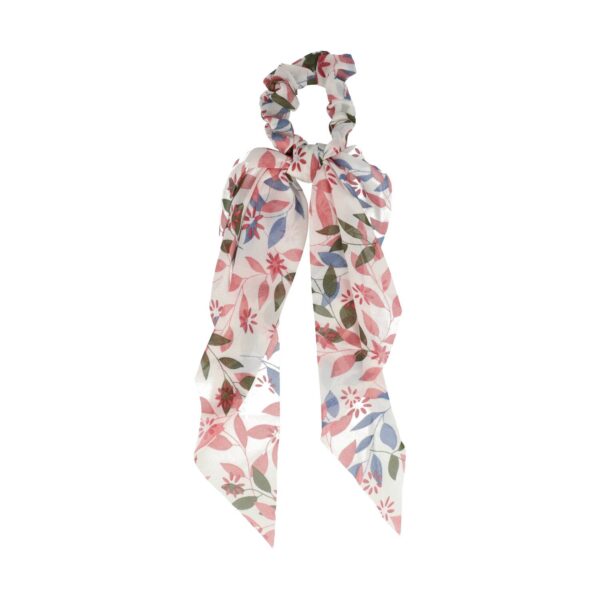 scrunchie linten bloemen en blaadjes_3 Haarelastiek Scrunchie – Bloemen en Blaadjes Patroon – 25cm Linten – Gladde Stof – Wit Roze