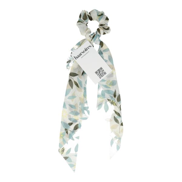 scrunchie linten bloemen en blaadjes_6 Haarelastiek Scrunchie – Bloemen en Blaadjes Patroon – 25cm Linten – Gladde Stof – Wit Groen