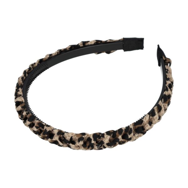 Diadeem gevlochten panter_2 Haarband Diadeem 1.5cm – Gevlochten – Panterprint Stof & Kunststof – Zwart Bruin Beige