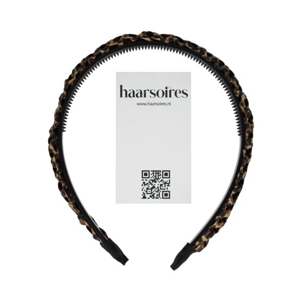 Haarband Diadeem 1.5cm – Gevlochten – Panterprint Stof & Kunststof – Zwart Bruin
