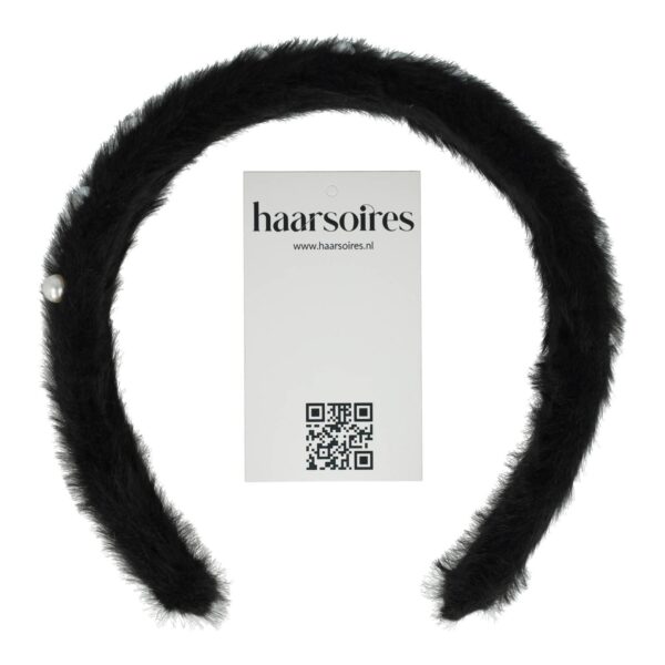 Diadeem teddy parel zwart_2 Haarband Diadeem 3cm – Fluffy Teddy Imitatiebont – Parels – Zwart