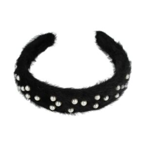 Haarband Diadeem 3cm – Fluffy Teddy Imitatiebont – Parels – Zwart