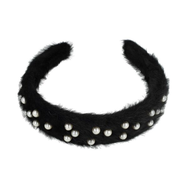 Diadeem teddy parel zwart_3 Haarband Diadeem 3cm – Fluffy Teddy Imitatiebont – Parels – Zwart