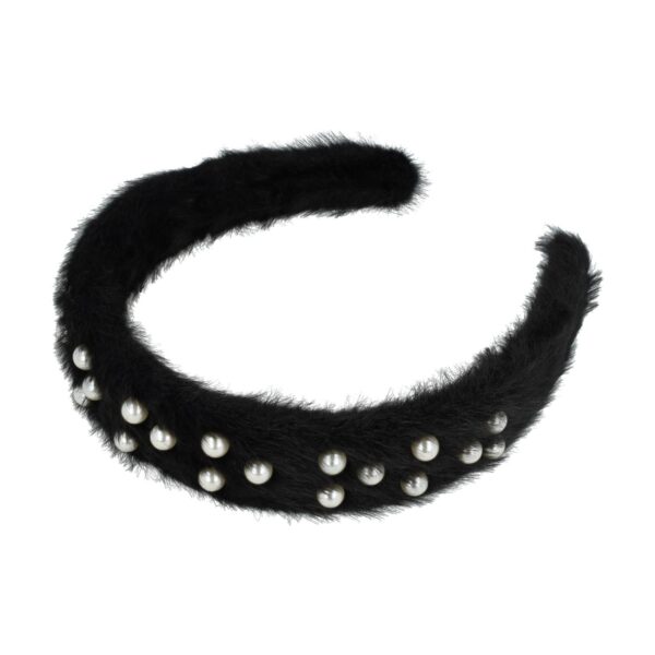 Diadeem teddy parel zwart_4 Haarband Diadeem 3cm – Fluffy Teddy Imitatiebont – Parels – Zwart