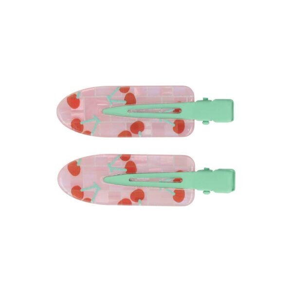 Duckklem Beautyclips kersen roze gren_1 Haarspeld Duckklemmen 6cm – Platte Vorm Beautyclips – Kersenprint – Roze Rood Groen – Set van 2