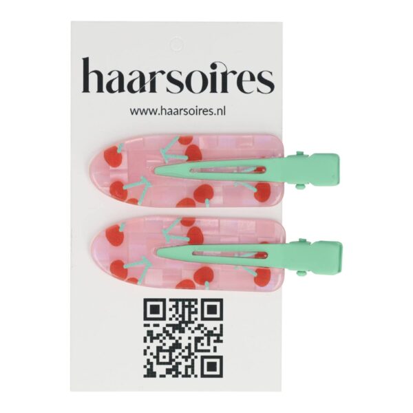 Duckklem Beautyclips kersen roze gren_2 Haarspeld Duckklemmen 6cm – Platte Vorm Beautyclips – Kersenprint – Roze Rood Groen – Set van 2
