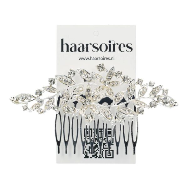 Sierkam bloem bladvorm_1 Haarspeld Sierkam Opsteekkam 11cm - Bloem Bladvorm - Strass Steentjes - Metaal - Zilver