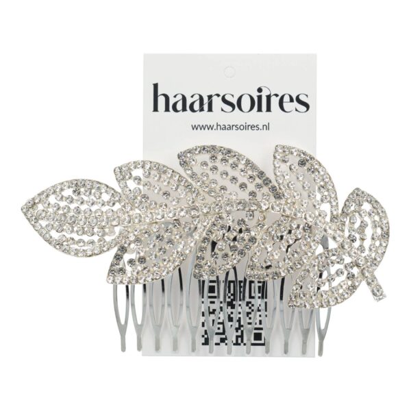 Sierkam leaf zilver_3 Haarspeld Sierkam Opsteekkam 11cm - Bladvorm - Strass Steentjes - Metaal - Zilver