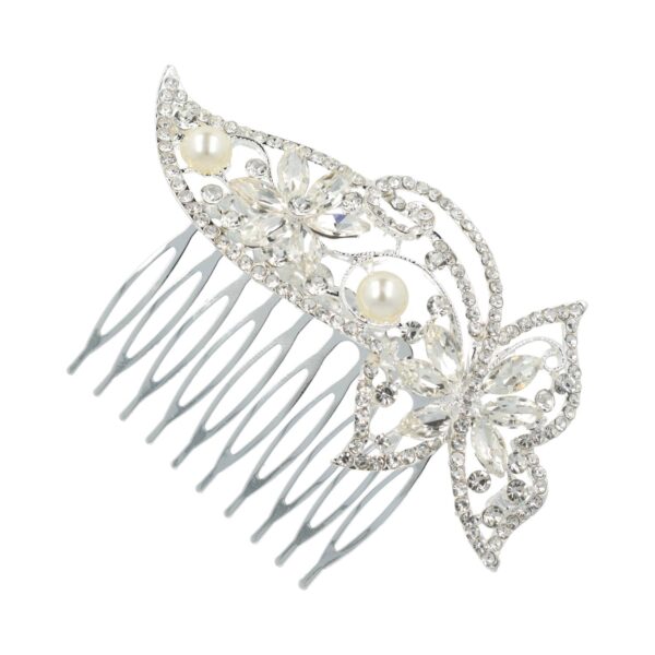 Sierkam vlinder strass zilver_3 Haarspeld Sierkam Opsteekkam 9cm - Vlindervorm - Strass Steentjes Parel - Metaal - Zilver