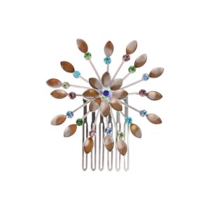 Haarspeld Sierkam Opsteekkam 6cm - Waaiervorm Rond - Steentjes - Metaal - Zilver - Multicolor Bruin