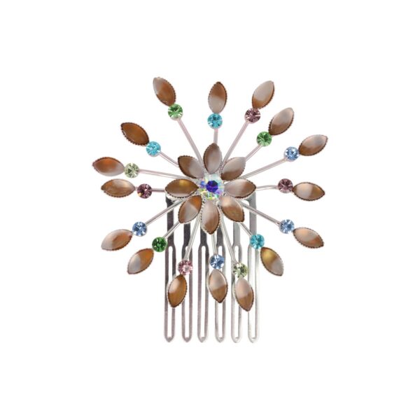 Haarspeld Sierkam Opsteekkam 6cm - Waaiervorm Rond - Steentjes - Metaal - Zilver - Multicolor Bruin