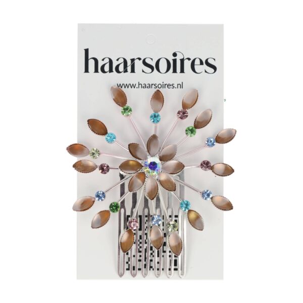 Haarspeld Sierkam Opsteekkam 6cm - Waaiervorm Rond - Steentjes - Metaal - Zilver - Multicolor Bruin