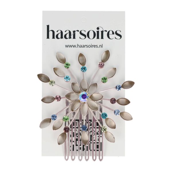Haarspeld Sierkam Opsteekkam 6cm - Waaiervorm Rond - Steentjes - Metaal - Zilver - Multicolor Grijs