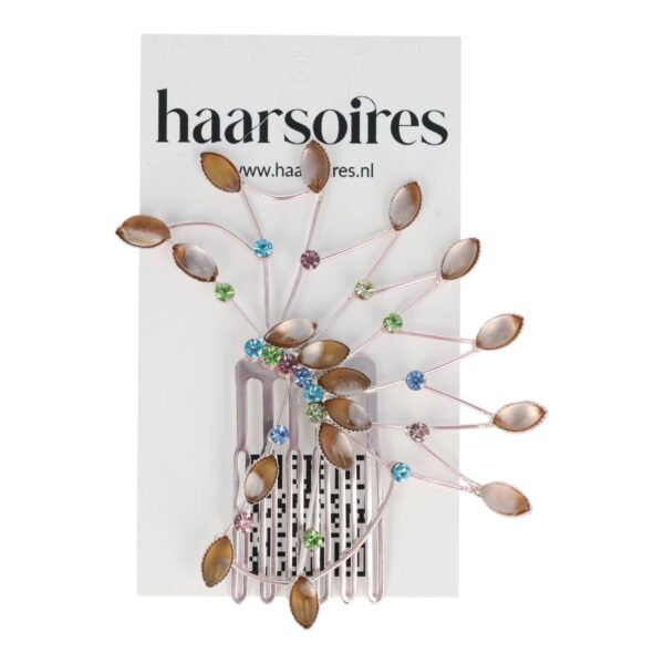 Haarspeld Sierkam Opsteekkam 6cm - Waaiervorm - Steentjes - Metaal - Zilver - Multicolor Bruin