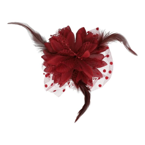 Haarspeld Duckklem 12cm - XL Bloem - Stof met Kralen & Veren – Donkerrood