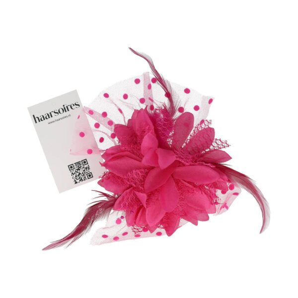 Haarspeld Duckklem 12cm - XL Bloem - Stof met Kralen & Veren – Fuchsia Roze