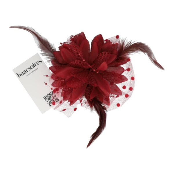 Haarspeld Duckklem 12cm - XL Bloem - Stof met Kralen & Veren – Donkerrood