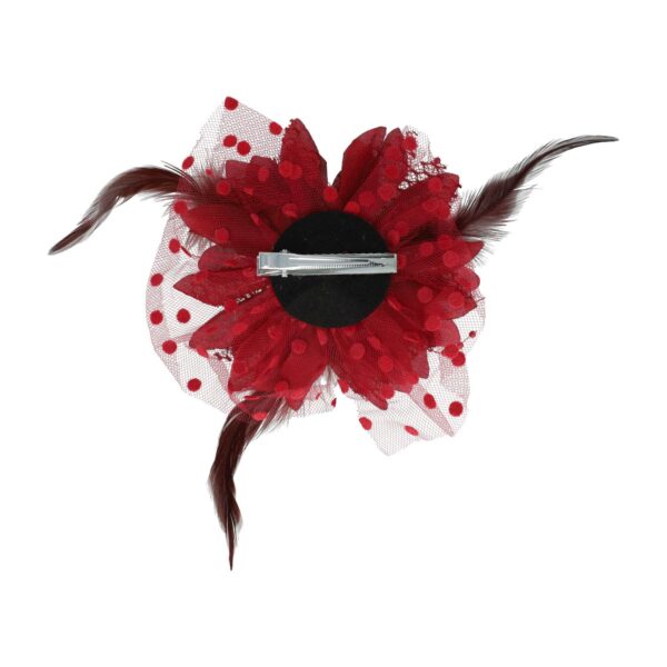 Haarspeld Duckklem 12cm - XL Bloem - Stof met Kralen & Veren – Donkerrood