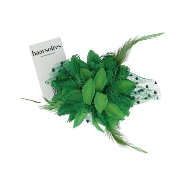 Haarspeld Duckklem 12cm - XL Bloem - Stof met Kralen & Veren – Groen
