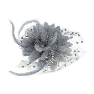 Haarspeld Duckklem 12cm - XL Bloem - Stof met Kralen & Veren – Grijs