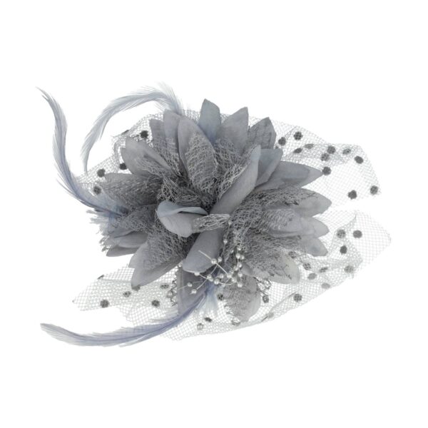 Haarspeld Duckklem 12cm - XL Bloem - Stof met Kralen & Veren – Grijs