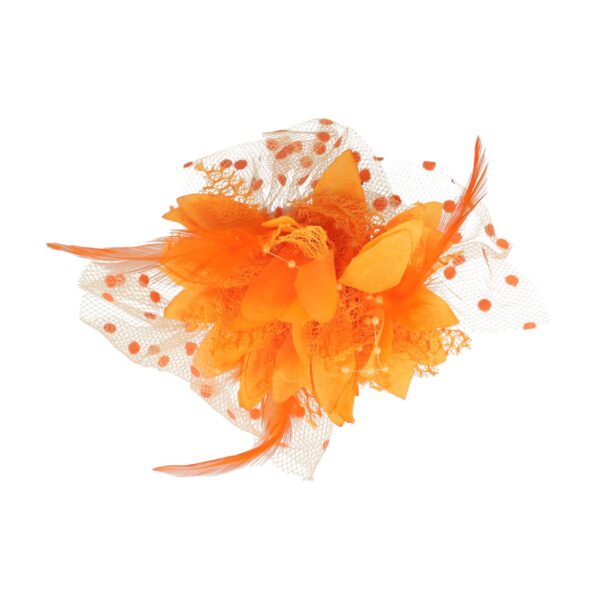 Haarspeld Duckklem 12cm - XL Bloem - Stof met Kralen & Veren – Oranje