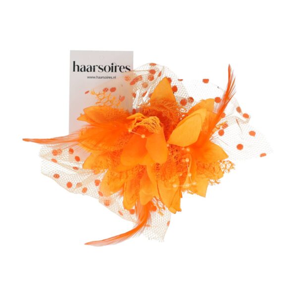Haarspeld Duckklem 12cm - XL Bloem - Stof met Kralen & Veren – Oranje