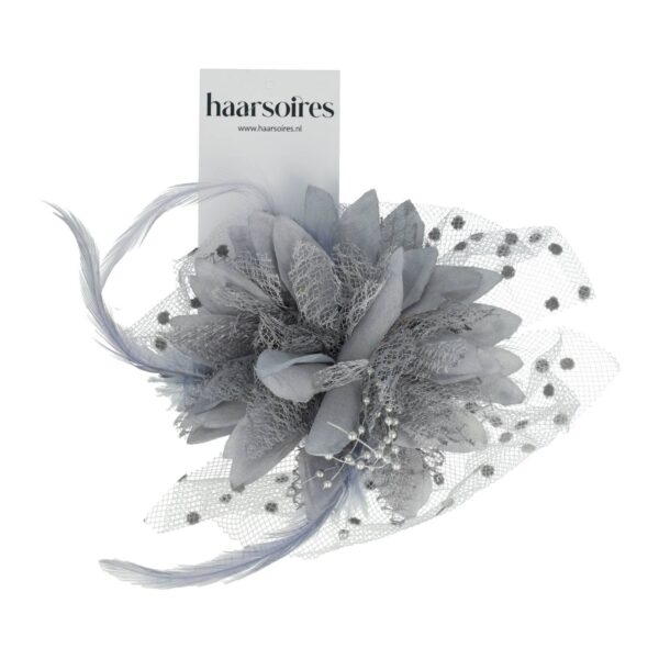 Haarspeld Duckklem 12cm - XL Bloem - Stof met Kralen & Veren – Grijs