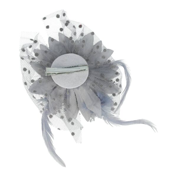 Haarspeld Duckklem 12cm - XL Bloem - Stof met Kralen & Veren – Grijs