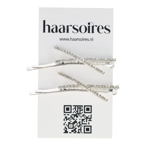 recht dubbel strass zilver_6 Haarspeld Schuifspeldjes 6cm - Recht X-vorm - Strass Steentjes - Zilver - Set van 2