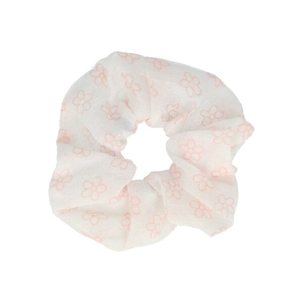 schrunchie print wit roze_3 Haarelastiek Scrunchie – Bloemenprint – Dunne Stof – Wit Roze