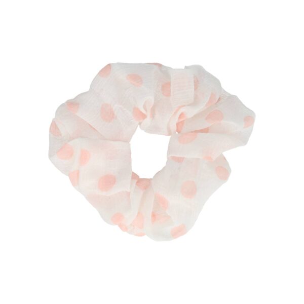 schrunchie print wit roze_5 Haarelastiek Scrunchie – Stippenprint – Dunne Stof – Wit Roze