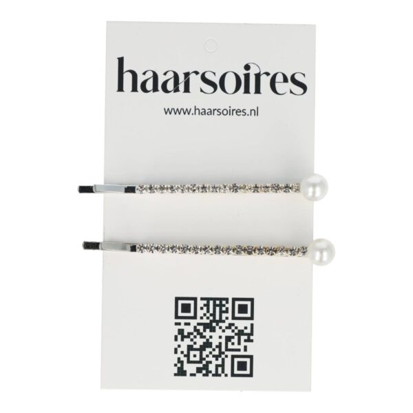 schuifspeldje recht strass parel_1 Haarspeld Schuifspeldjes 6cm - Recht - Strass Steentjes & Parel - Zilver - Set van 2