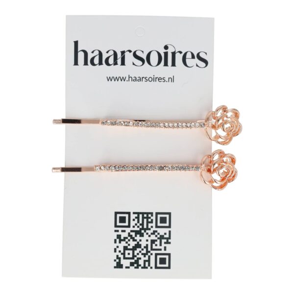 Haarspeld Schuifspeldjes 6cm - Roos Bloem Strass 6cm - Koper - Set van 2