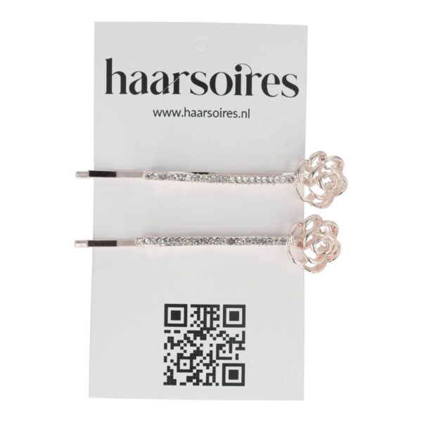 schuifspeldje roos bloem strass steentjes_8 Haarspeld Schuifspeldjes 6cm - Roos Bloem Strass 6cm - Zilver - Set van 2