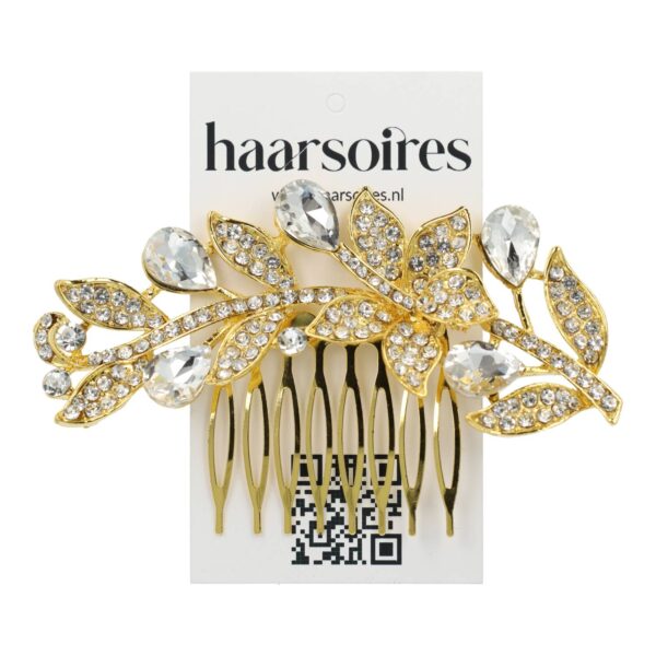 sierkam bloem blad goud_2 Haarspeld Sierkam Opsteekkam 10cm - Bloem Bladvorm - Strass Steentjes - Metaal - Goud
