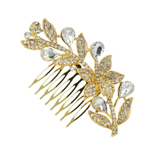 sierkam bloem blad goud_3 Haarspeld Sierkam Opsteekkam 10cm - Bloem Bladvorm - Strass Steentjes - Metaal - Goud