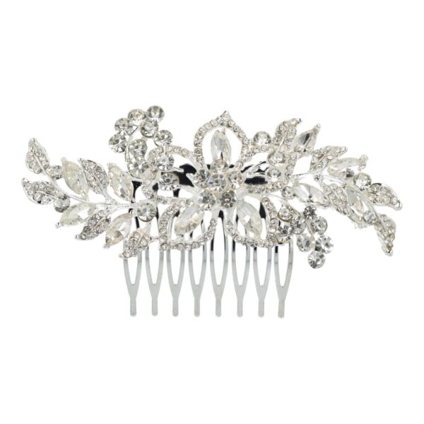 sierkam bloemvorm 9cm_2 Haarspeld Sierkam Opsteekkam 9cm - Bloemvorm - Strass Steentjes Parel - Metaal - Zilver