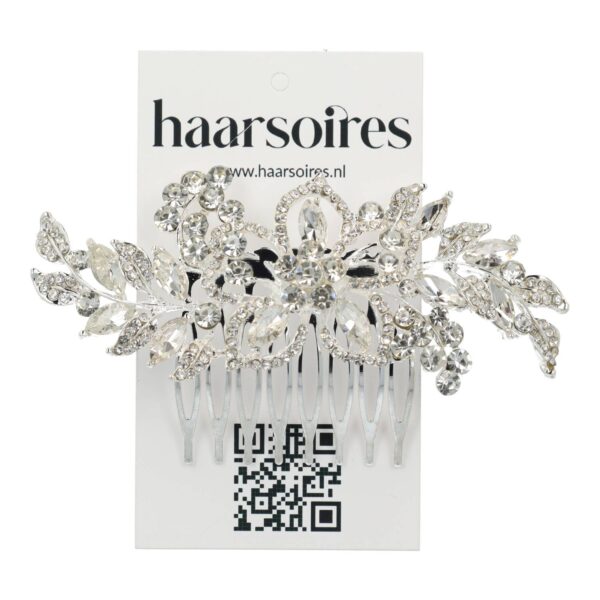 sierkam bloemvorm 9cm_3 Haarspeld Sierkam Opsteekkam 9cm - Bloemvorm - Strass Steentjes Parel - Metaal - Zilver