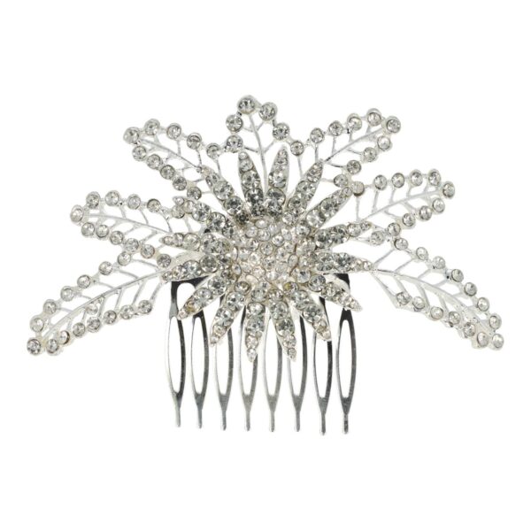 sierkam grote bloem_1 Haarspeld Sierkam Opsteekkam 11cm - Bloemvorm - Strass Steentjes Parel - Metaal - Zilver