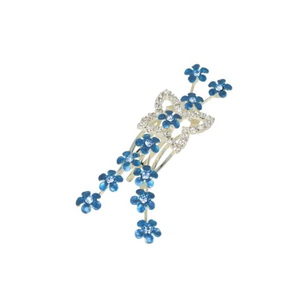 Haarspeld Sierkam Opsteekkam 2cm - Bloemetjes & Strass Steentjes - Metaal - Zilver Blauw