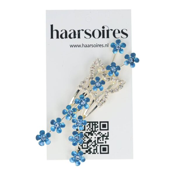 Haarspeld Sierkam Opsteekkam 2cm - Bloemetjes & Strass Steentjes - Metaal - Zilver Blauw