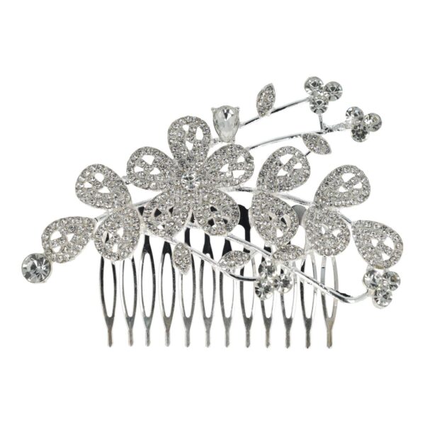 sierkam strass steentjes_1 Haarspeld Sierkam Opsteekkam 10cm - Bloemen - Strass Steentjes - Metaal - Zilver