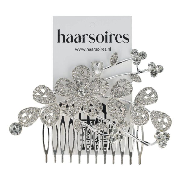 sierkam strass steentjes_2 Haarspeld Sierkam Opsteekkam 10cm - Bloemen - Strass Steentjes - Metaal - Zilver
