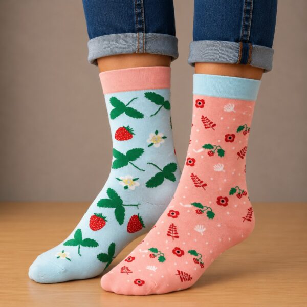 Sokken - Aardbeien Print - Blauw Roze Rood - Katoen - Maat 38-45