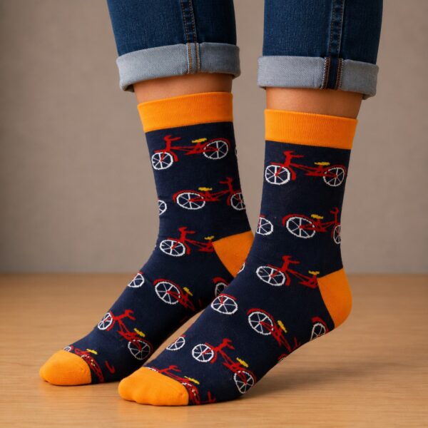 sokken-fiets-oranje-blauw Sokken - Fiets Print - Blauw Oranje - Katoen - Maat 38-45